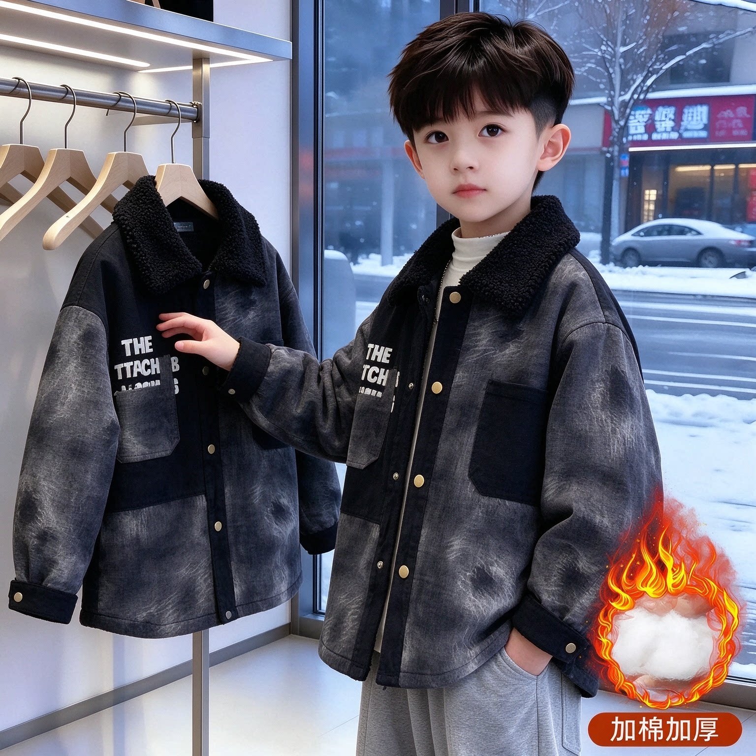 儿童装男童牛仔夹棉外套2026新款洋气中大童加厚秋冬装夹克衫上衣