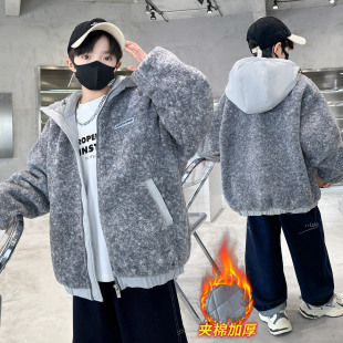 羊羔绒加厚中大童 洋气儿童冬季 男童夹棉毛毛衣外套秋冬款 2025新款