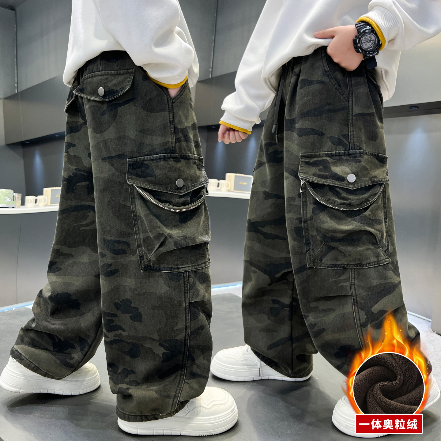 儿童装男童加绒工装裤子2025新款秋冬款男孩加厚冬季中大童长裤潮