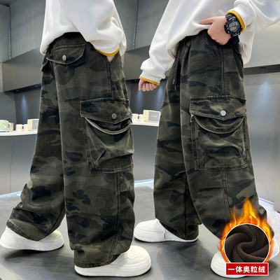 儿童装男童加绒工装裤子2025新款秋冬款男孩加厚冬季中大童长裤潮