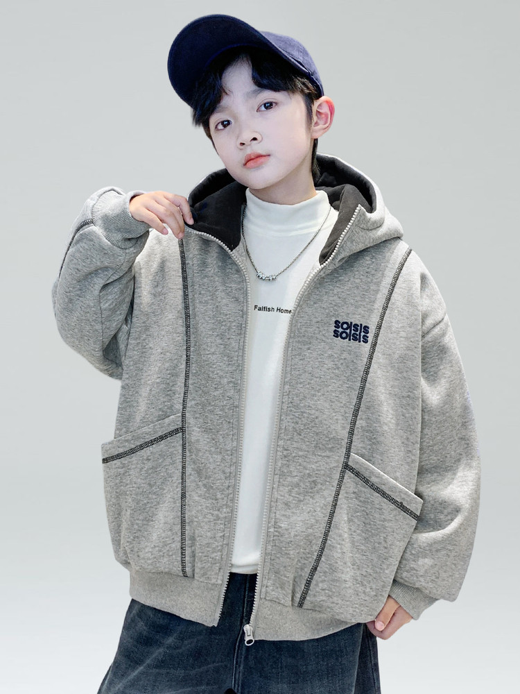 男童加绒外套秋冬款2025新款中大童儿童装卫衣加厚一体绒男孩冬装