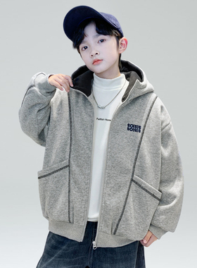 男童加绒外套秋冬款2025新款中大童儿童装卫衣加厚一体绒男孩冬装
