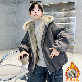男童外套秋冬款2025新款中大儿童男孩冬装双面穿加绒加厚皮毛一体