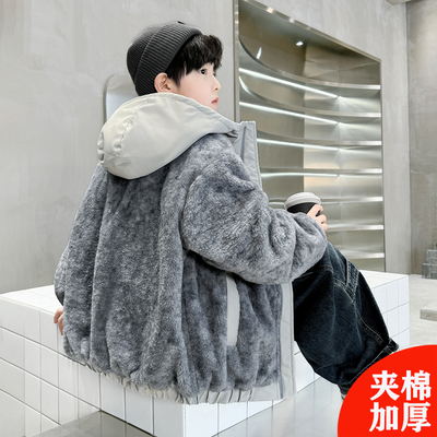 男童加绒毛毛衣外套2025新款秋冬款中大儿童男孩夹棉加厚冬装棉服