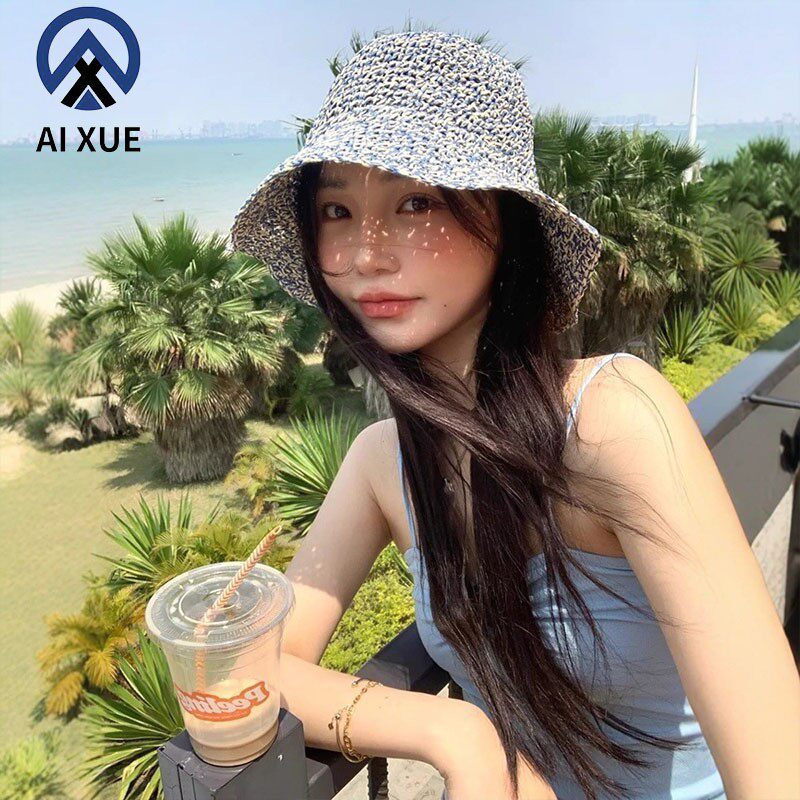 草帽海边沙滩帽草编手工编织草帽女海边沙滩可折叠防晒遮阳水桶帽