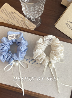 韩系大珍珠英文标波点纯色中号大肠发圈蝴蝶结扎发简约头饰慵懒风