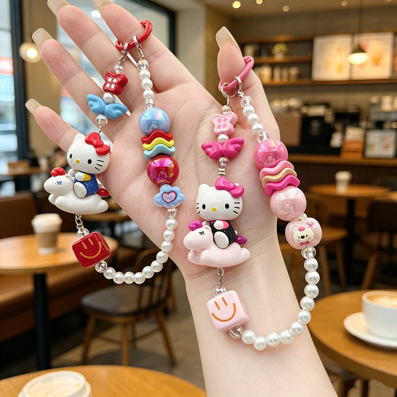 韩系KT猫手机链可爱卡通挂件hellokitty个性串珠钥匙挂饰包包挂件