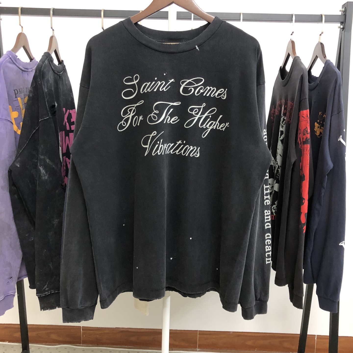SAINT MICHAEL LS TEE SAINT COMES 骷髅印花休闲做旧长袖T恤男潮