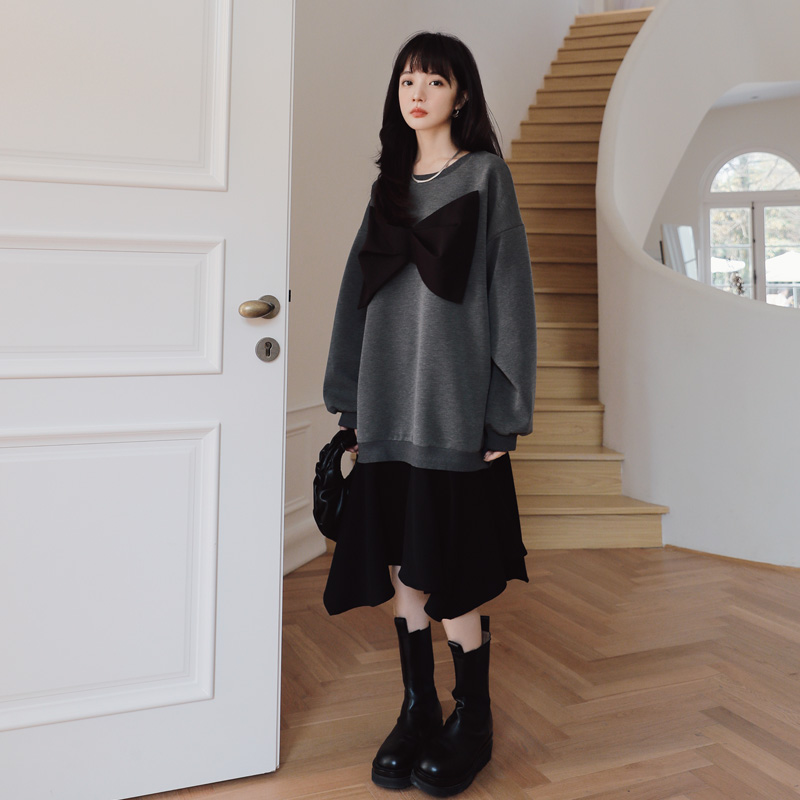 法式长版厚棉T洋装女小个子2025新款春春季超好看假两件大尺码裙