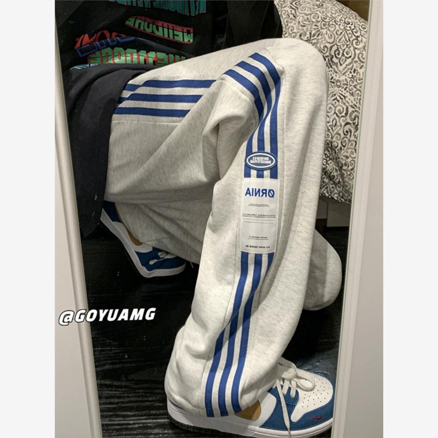 美式重磅运动裤女秋冬季加绒加厚条纹阔腿直筒裤宽松休闲潮牌裤子