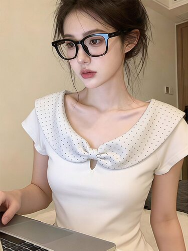 学院风娃娃领粉色蝴蝶结短袖t恤女正肩修身显瘦夏日漂亮短款上衣