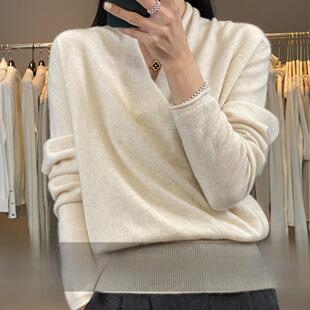 100%羊毛针织开衫女交叉领洋气外穿宽松针织显瘦上衣百搭短款毛衣