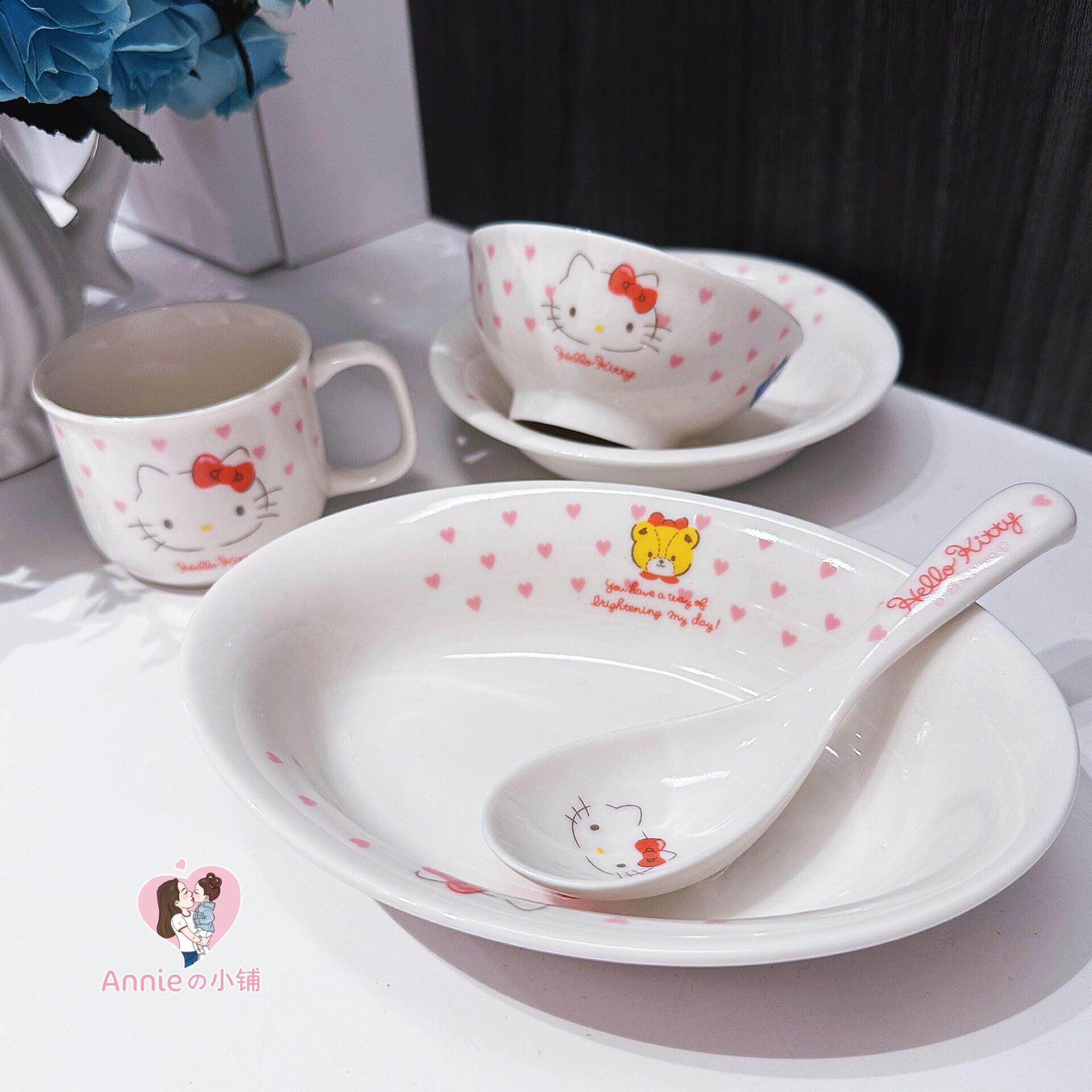 日本制hello kitty幼宝宝大号陶瓷碗勺子水杯公主盘子面碗