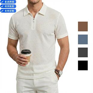 外贸高端锦纶弹力男士翻领拉链短袖方格提花休闲运动高尔夫马球衫