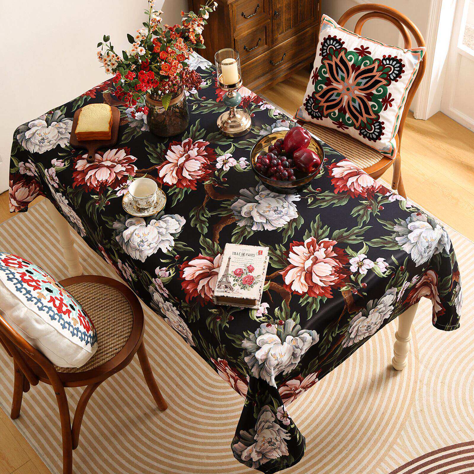 美式轻奢油画餐桌布艺风家用防水防滑长方形盖布盖巾时尚潮流