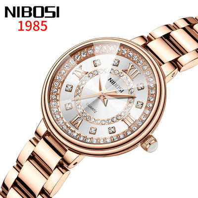NIBOSI工厂直发新款白月光女士精致时尚环形镶钻石英表抖音直播