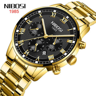 新款NIBOSI精钢壳钢带手表多功能防水石英三眼六针夜光男士商务表