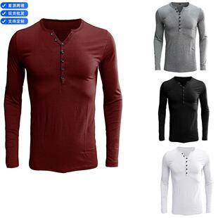 亚马逊wish秋冬外贸服装欧美男士t恤 长袖男装打底衫衣服男亨利衫