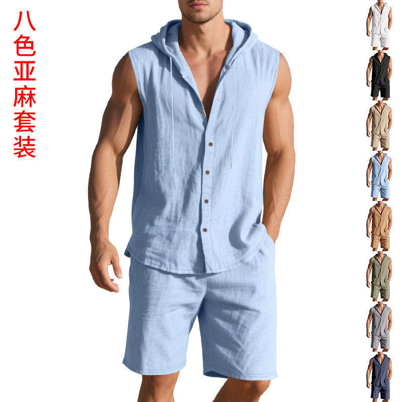外贸亚马逊亚麻夏装两件套男宽松休闲简约连帽无袖衬衫短裤套装男,男装,其他套装,淘宝优惠券,粉丝福利购,淘宝优惠卷