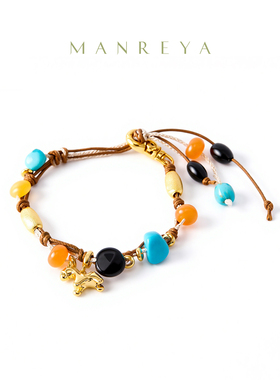 Manreya玛芮雅马上发财红玛瑙项链手链套装女编织绳彩色串珠流苏