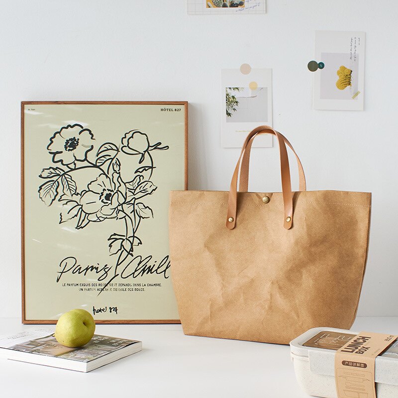 防水日系文艺牛皮纸复古包大容量小众便当包A4通勤包托特包手提袋