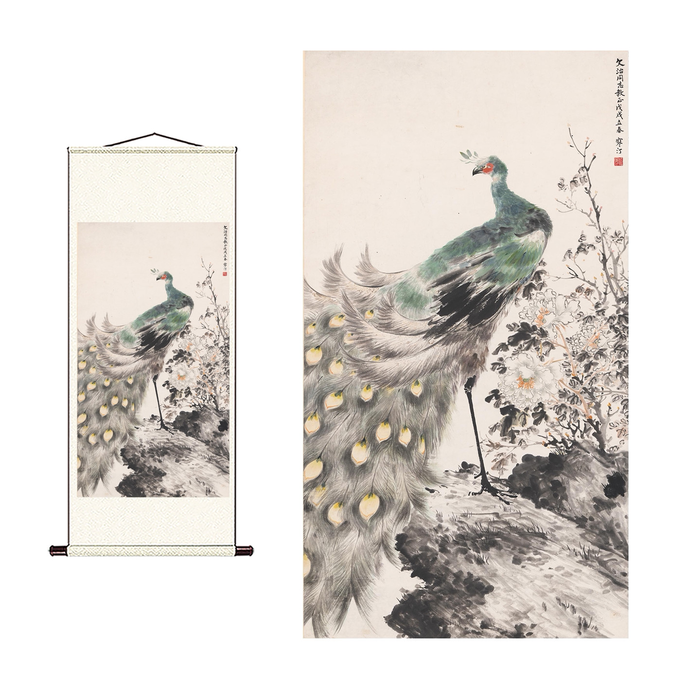 近现代 江寒汀 孔雀图轴纸本水墨画国画高清艺术微喷复制玄关走廊