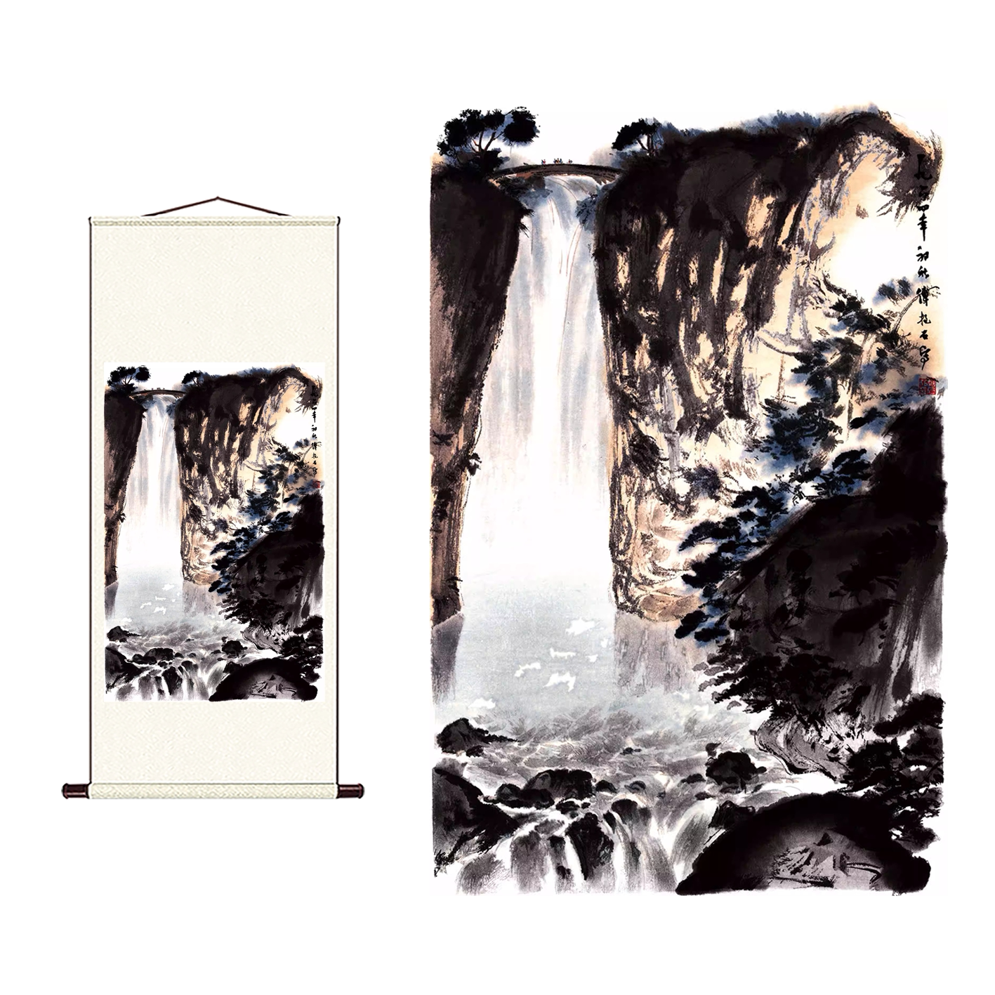 新品近代傅抱石《瀑布》磅礴大气山水画水墨画竖幅国画装饰画临摹