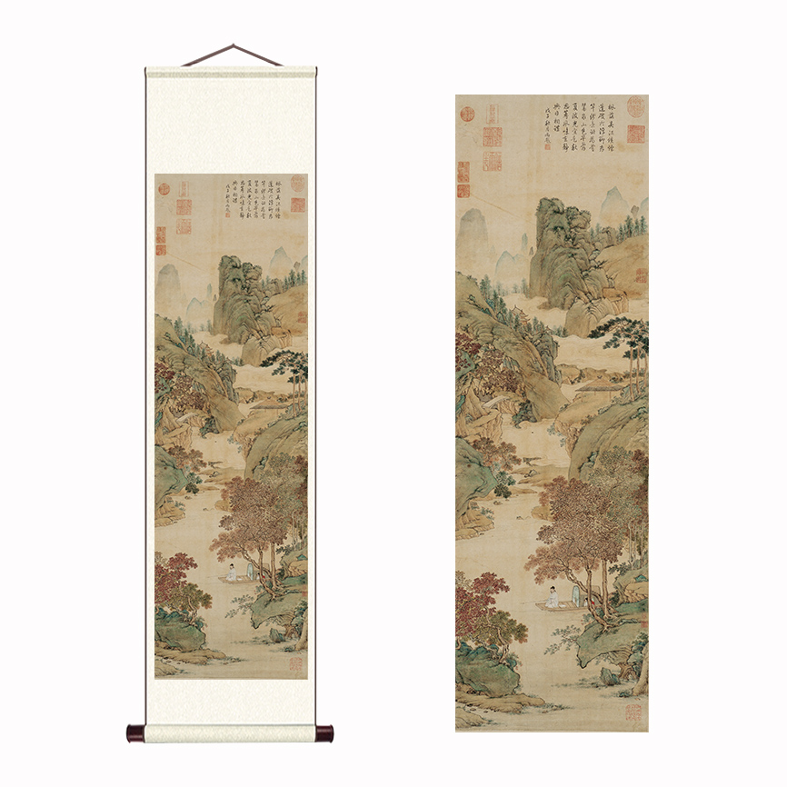 枫溪垂钓图明仇英宣纸国画装饰画卷轴画芯装裱风景禅意水墨画玄关