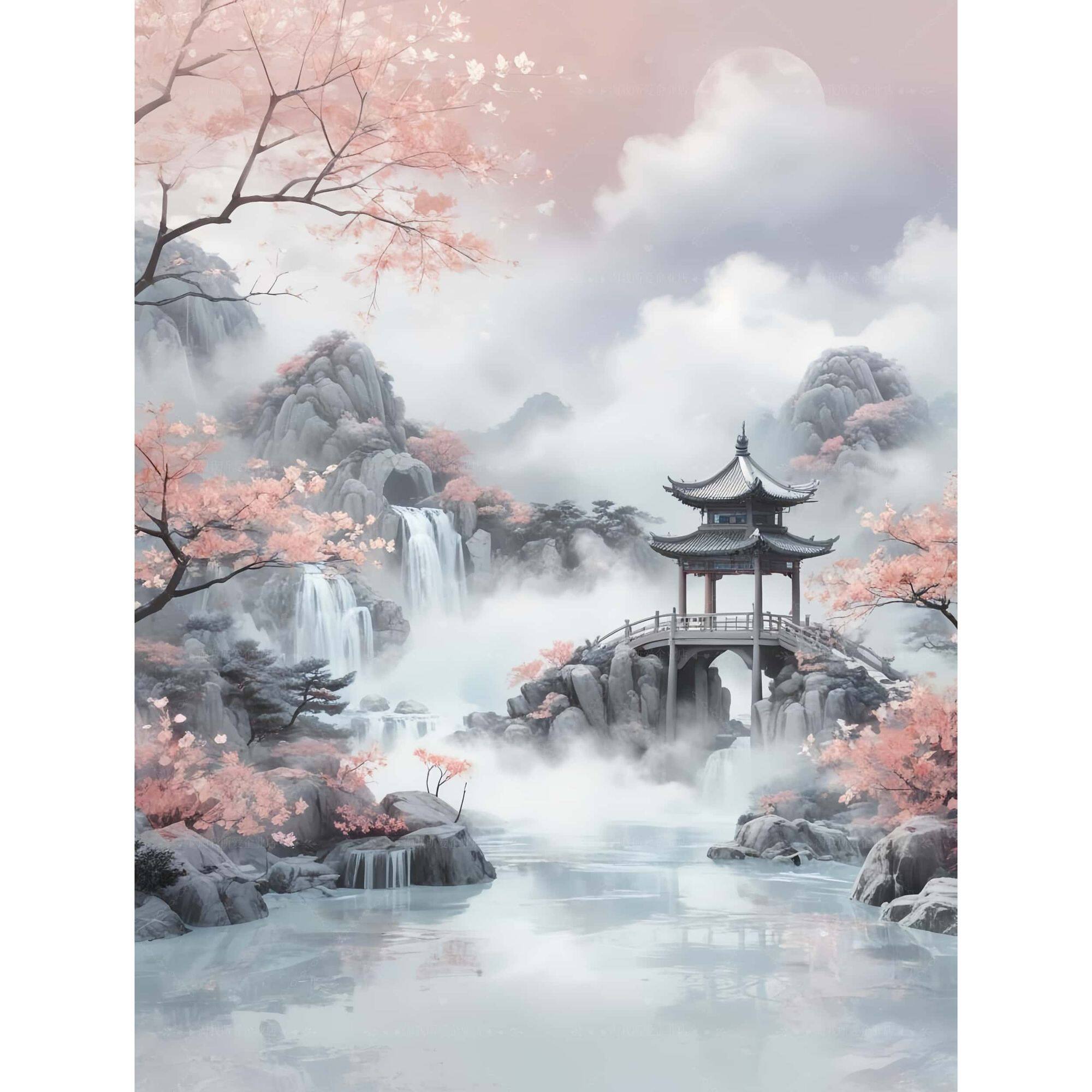 古亭樱语山水画卷中国古建筑风景贴纸自粘墙纸防水可定制墙贴海报