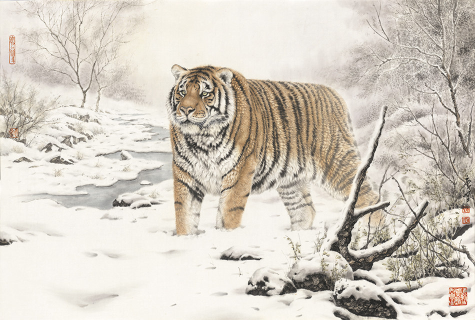艺术微喷复制画唐坚雪域岁月老虎国画工笔画临摹画稿宣纸装饰画芯