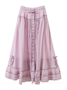 pinkhouse 甜美格纹拼接大格子荷叶花边丝带系带半身裙长裙
