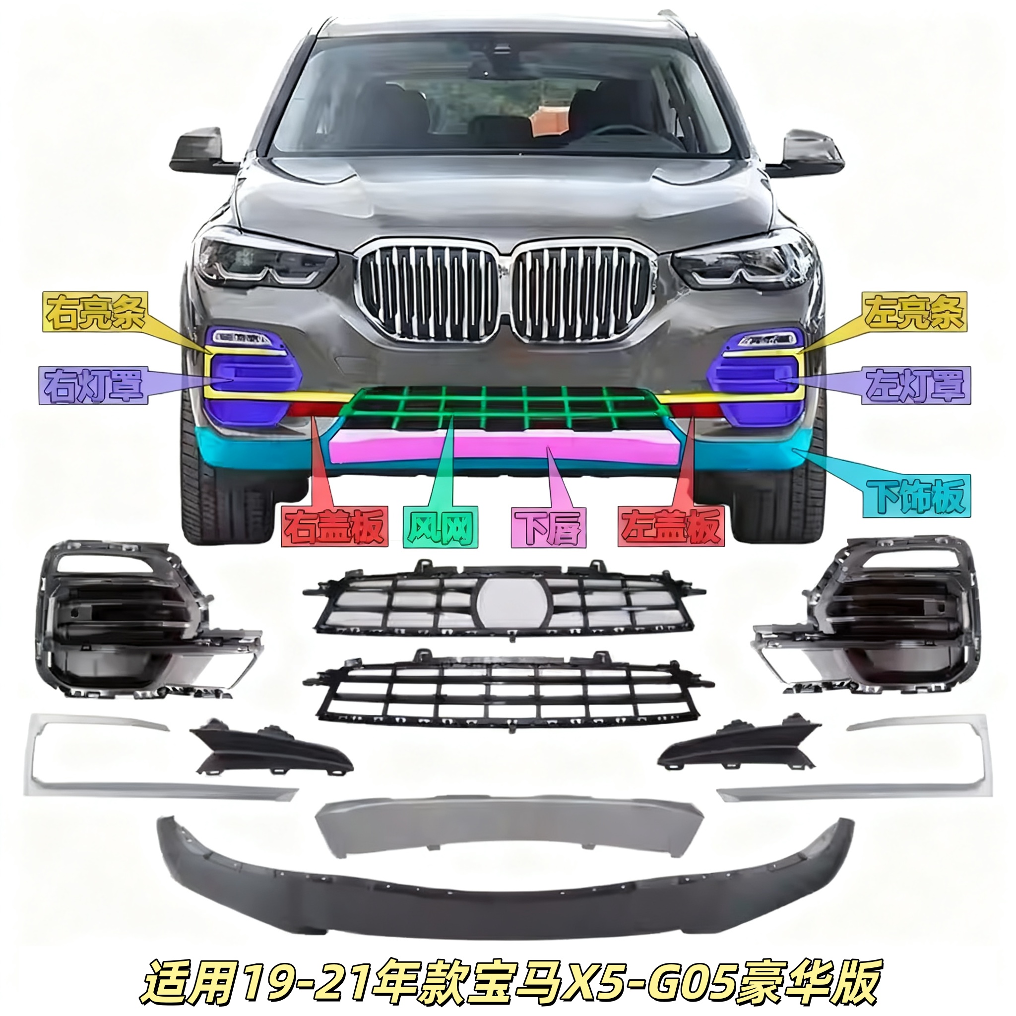 适用宝马X5前杠风网G05进气格栅X5下饰板下唇X5雾灯罩装饰条亮条