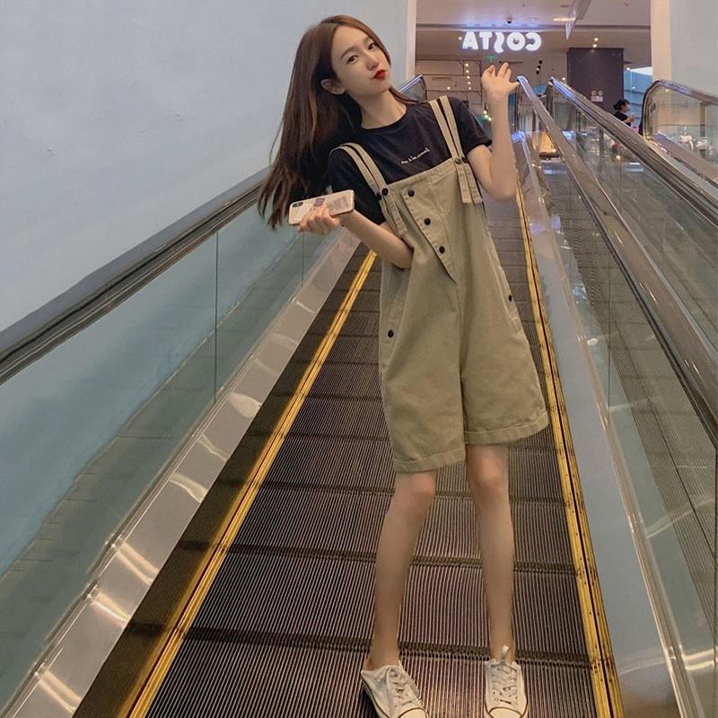 牛仔背带短裤女夏薄款日系胖mm小个子工装吊带裤超火五分阔腿裤子