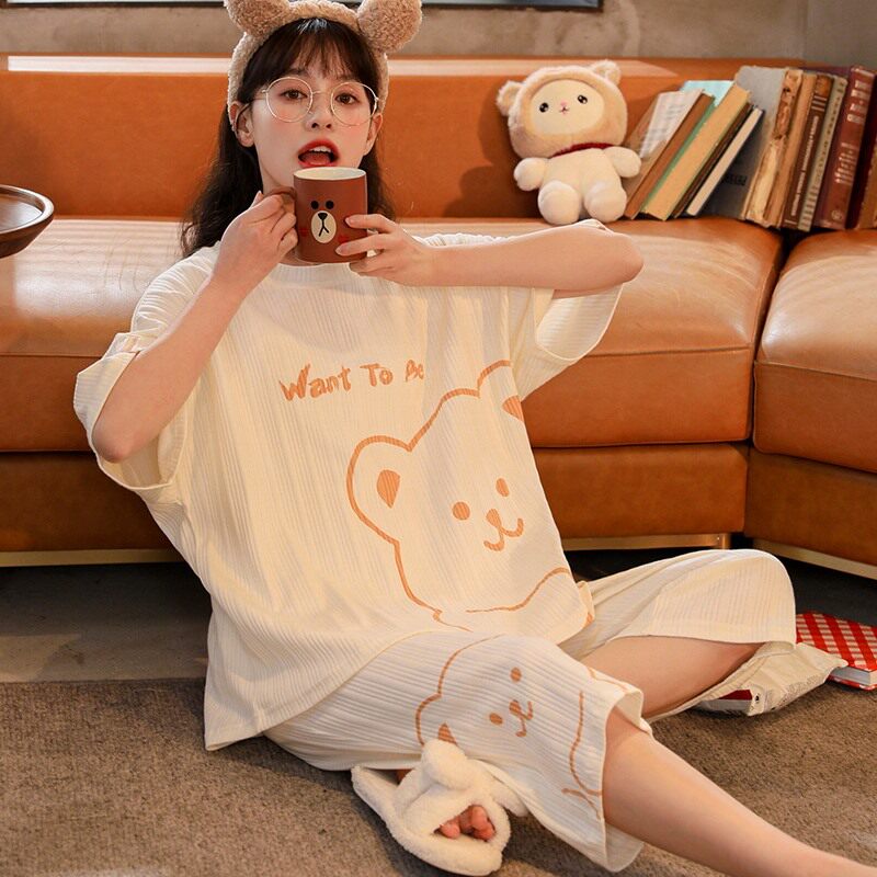 2022睡衣女夏季棉质薄款短袖七分裤夏装韩版休闲大码家居服可外穿