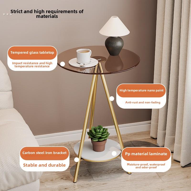 现代简约客厅茶几沙发旁简易双层铁艺小圆桌轻奢家用创意玻璃边几