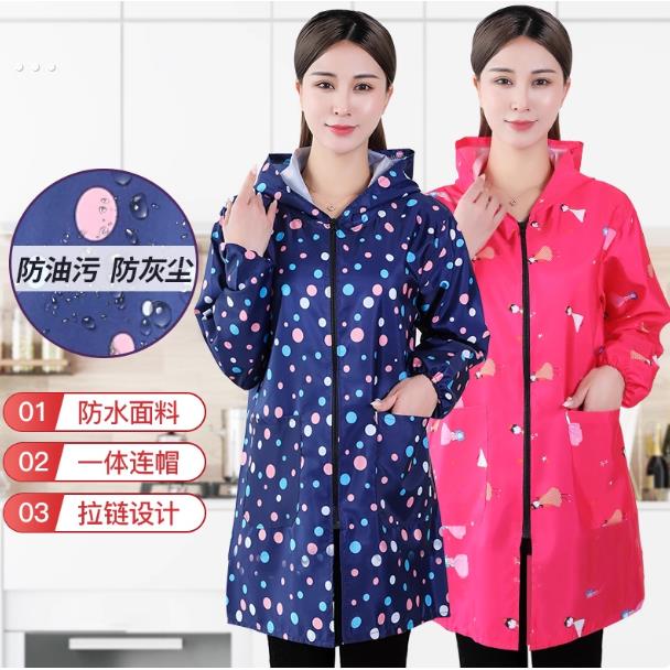 时尚罩衣成人防水防油污厨房做饭连帽围裙羽绒服拉炼工作服薄外套