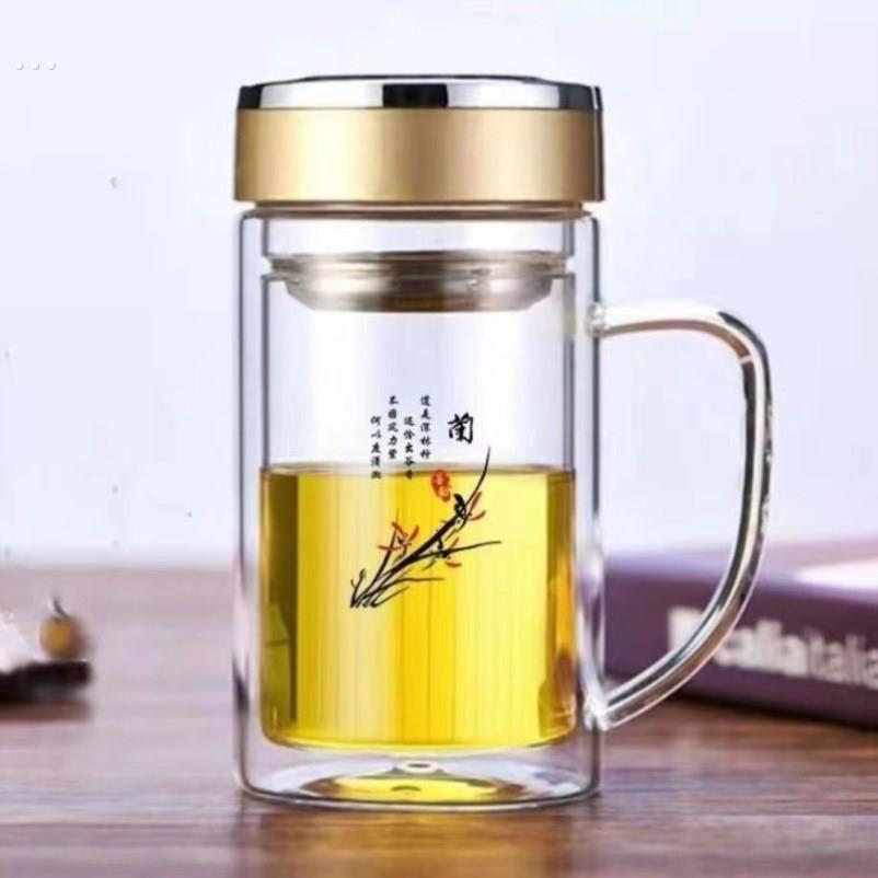 双层玻璃杯带把手透明水杯男士杯子泡茶杯定制水杯家用带盖耐高温