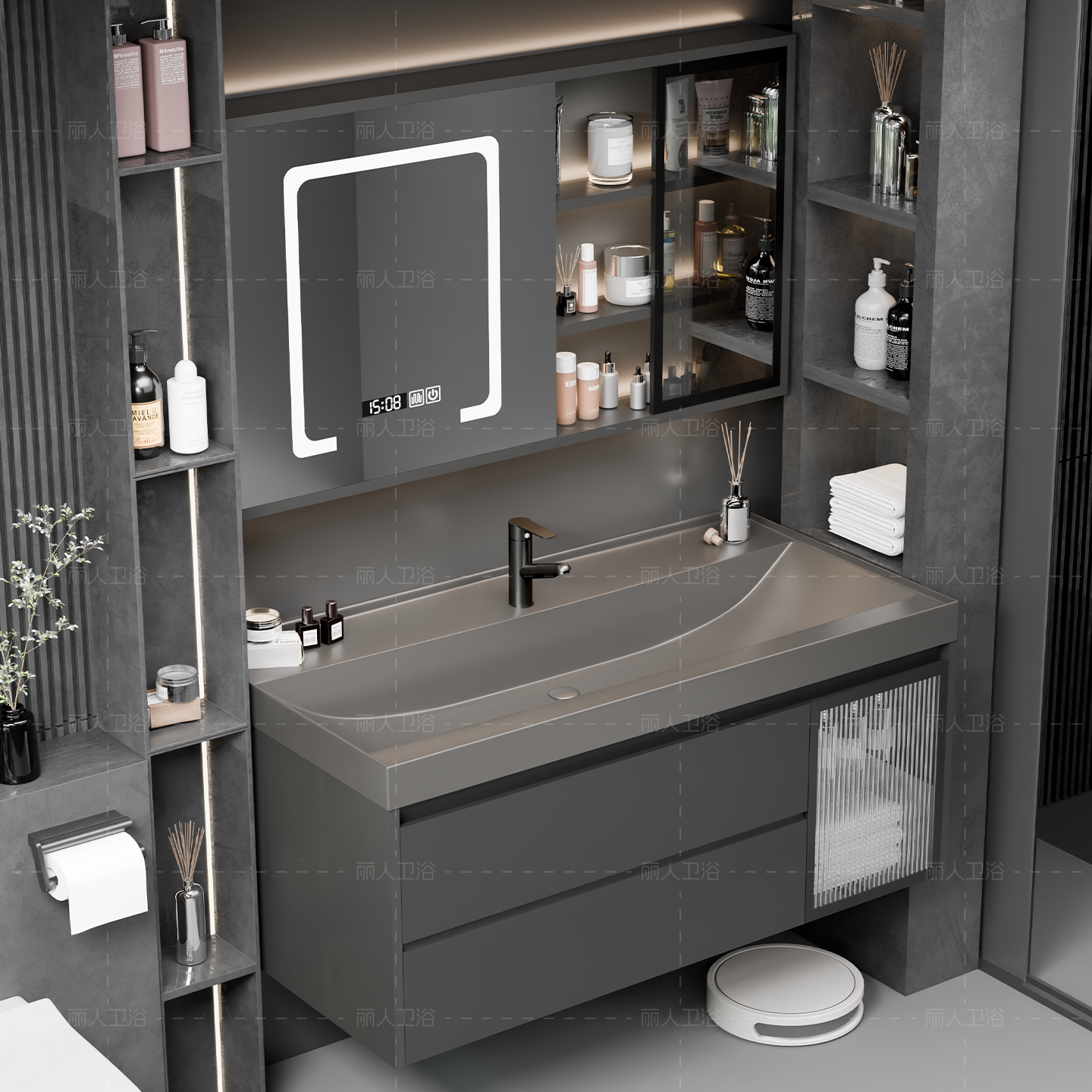 新款轻奢风鎏金石一体盆卫生间洗漱台洗手盆柜洗脸盆柜浴室柜组合