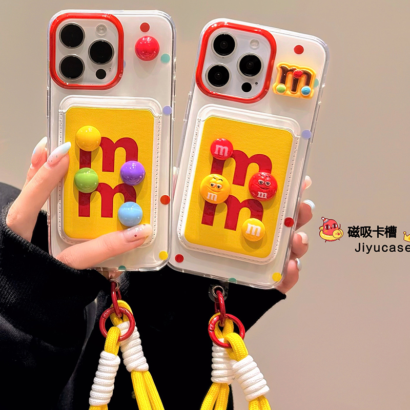 趣味立体M豆磁吸卡包适用苹果15promax手机壳iphone13新款12带挂绳14pro小众女13promax创意15卡通韩风14全包