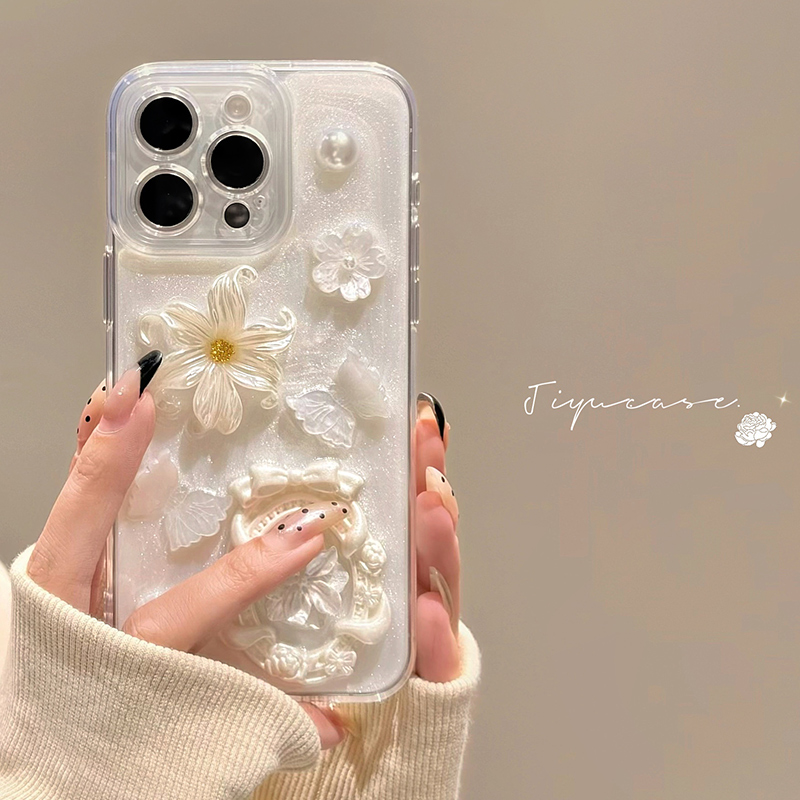 奢华立体花朵蝴蝶珍珠适用iphone14pro手机壳苹果15promax新款13pro滴胶12气质14小众15网红女神11全包防摔
