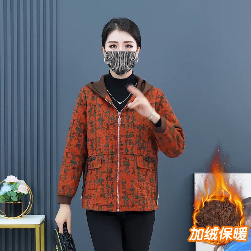 曼露迪女装妈妈秋冬装新款中老年休闲连帽花色夹克短款风衣外套女