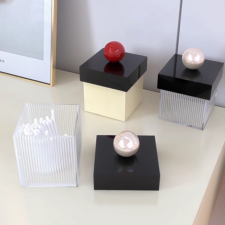 亚克力红球珍珠棉签盒条纹透明收纳盒牙线火柴盒创意简约