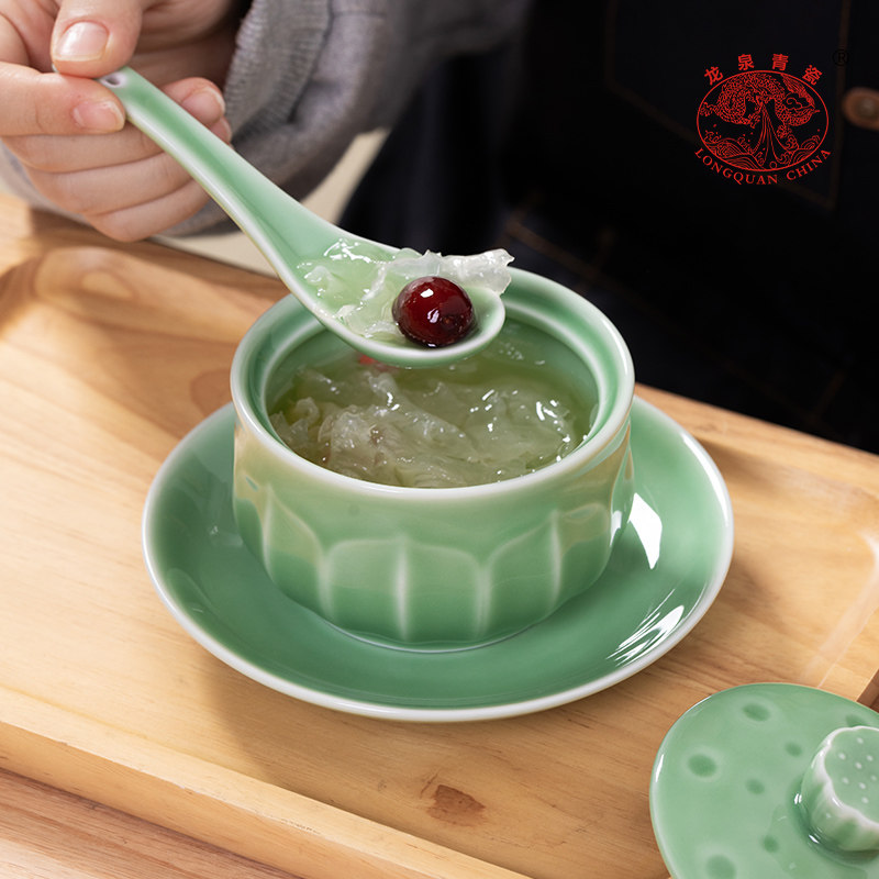 龙泉青瓷隔水炖盅酒店陶瓷带盖燕窝炖碗蒸蛋盅炖罐小汤盅带碟子