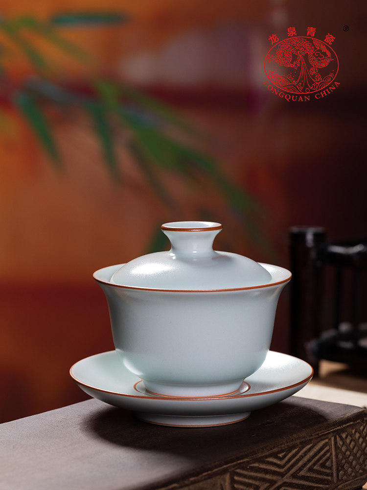 龙泉青瓷三彩有盖碗茶杯大容量陶瓷茶机茶功夫茶套装单家