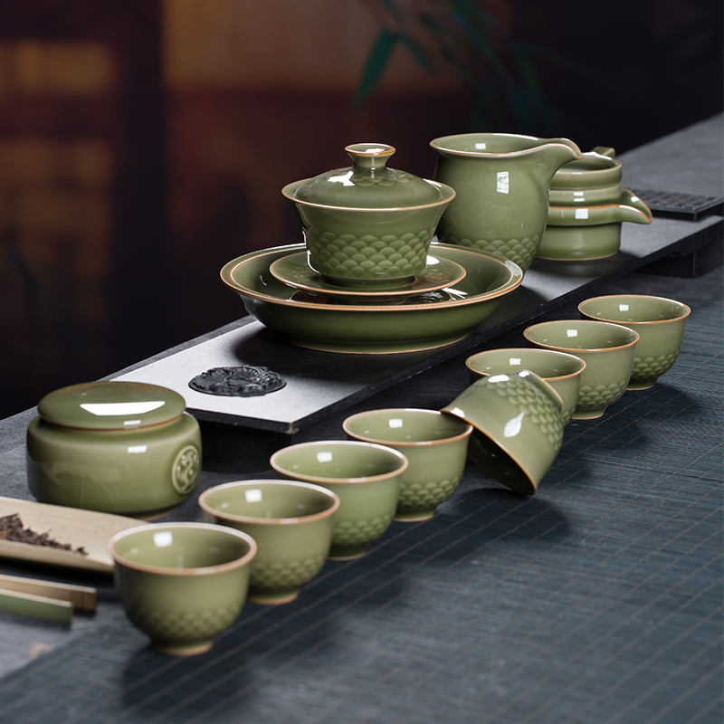 龙泉青瓷鱼鳞茶具整套