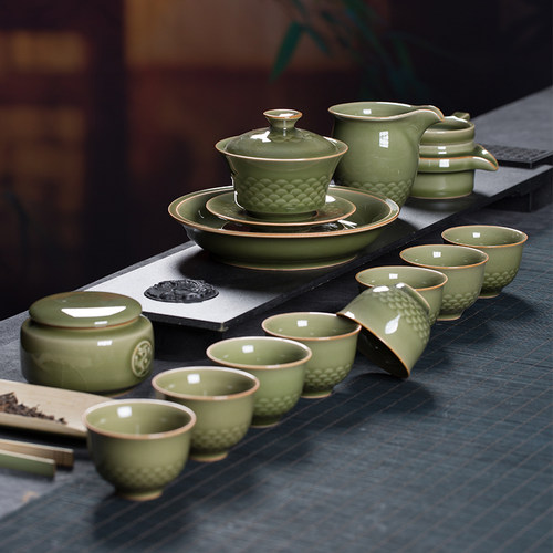 龙泉青瓷鱼鳞茶具整套