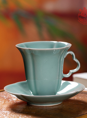 龙泉青瓷咖啡杯碟套装带勺子创意陶瓷杯子家用高档精致下午红茶杯