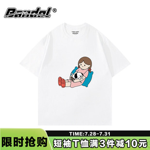 韩版 t恤女纯棉透气上衣 ins风夏季 学院风可爱女孩印花白色圆领短袖