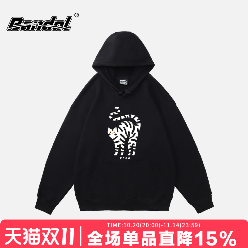 韩版设计感女生可爱猫咪印花黑色连帽卫衣oversize宽松长袖外套潮