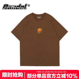 美式复古简约汉堡印花咖啡色圆领短袖t恤女oversize宽松半袖上衣